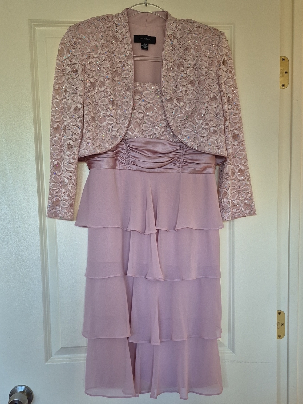 R&M Richards Dusty Pink Tiered  and Ebellished Chiffon Dress with Jacket Size 8